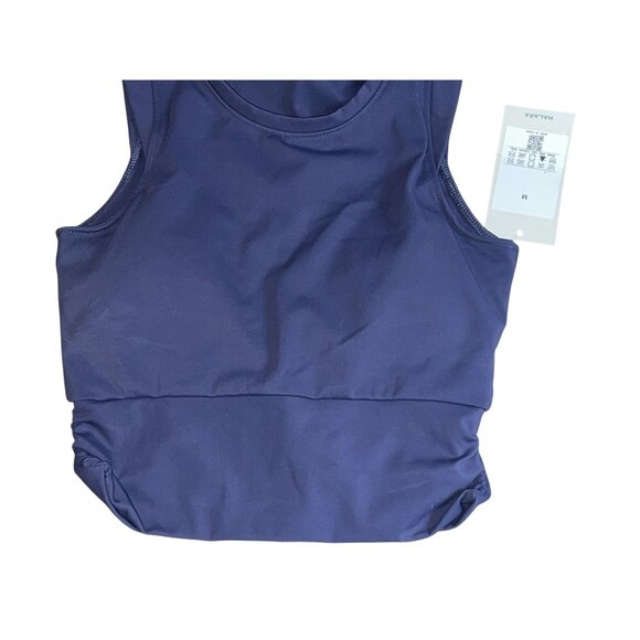 Halara Round Neck Cap Sleeve Cropped Ruched Workout Tank Sz Medium Navy Built in - Picture 6 of 10